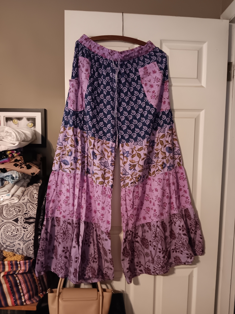 Boho Wide Leg Tiered Pants in Lavender & Navy